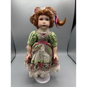 Vintage Redhead Porcelain Doll Green Floral Dress 13” Lace Trim & Bow Shoes